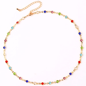 Adjustable gold plated necklace with colorful zircon stones on a white background