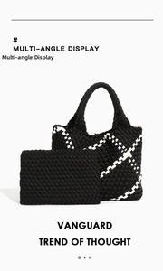 Close-up of black hand-woven tote bag set with white pattern details and inner pouch