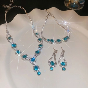 Necklace Bracelet Earrings Jewelry Copper Blue Rhinestone Flower Sparkly Elegant Wedding Evening Party Women