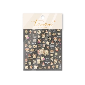 Embossed 3D nail stickers featuring cute cats, coffee, and dessert patterns on white background