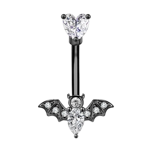 Detail view of black bat belly ring with sparkling heart-shaped and round zircon stones