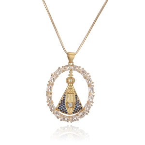 18K gold plated necklace with zircon halo and Virgin Mary pendant on white background