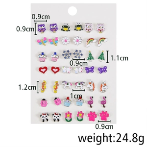 21 pairs cartoon stud earring set featuring owl, unicorn, and rainbow animal designs