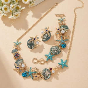 Thème Océan Étoile De Mer Coquille Hippocampe Collier Bracelet Et Boucles D'oreilles Alliage Émail Strass Künstliche Perle Bijoux