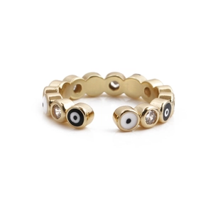 Gold open evil eye ring with blue enamel and sparkling cubic zirconia crystals
