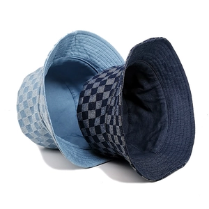 Women's denim bucket hat with stylish checkered grid pattern in blue and light blue