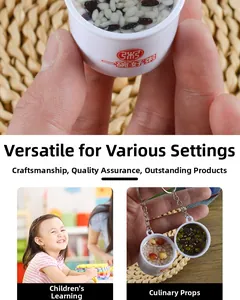 Macro detail of a miniature food model keychain featuring realistic porridge grains and metal ring