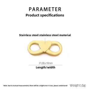 Detailed specs of infinity and heart pendant in polished gold stainless steel, 36x16mm