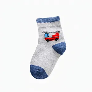 Baby boys' cotton floor socks with blue truck pattern and non-slip breathable knit fabric