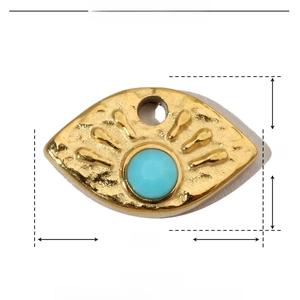 Technical view of a gold stainless steel eye pendant with blue stone inlay and dimensions