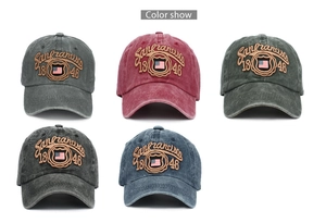 Detail view of five colors of San Francisco 1846 vintage washed baseball caps