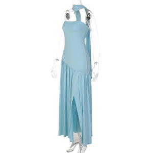 Detail view of light blue strapless dress featuring side slit and elegant matching scarf