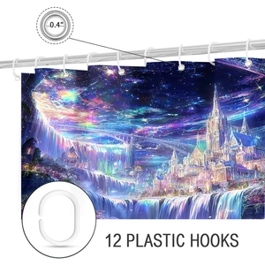 Detail of 12 plastic C-hooks and reinforced 0.4 inch metal grommets on fantasy shower curtain
