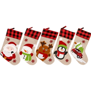 Set of 5 Christmas stockings featuring Santa, reindeer, and snowman icons with plaid cuffs