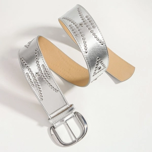 Detailed close-up of wide silver rivet belt with D-shaped buckle and brown lining