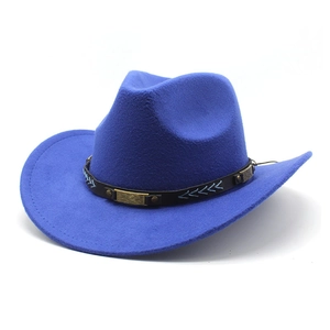 Detail of royal blue felt cowboy hat with leather band and metal stud ornaments