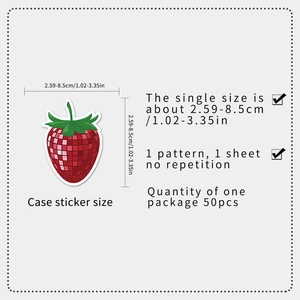 Detail view of 50pcs waterproof strawberry disco ball stickers with size and pack info