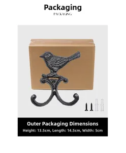 Detail of vintage bird iron wall hook showing installation screws and package dimensions