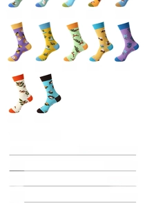 Detailed size chart and material specs for floral cotton crew socks in 12 patterns