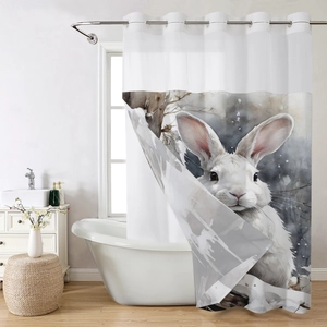 Detail of waffle-textured white shower curtain with watercolor bunny print and silver grommets