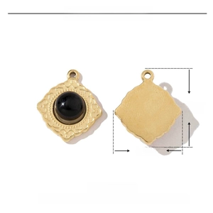 Gold stainless steel square pendant with black natural stone and lace border details