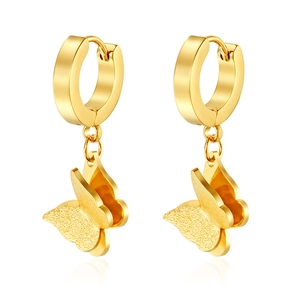Polished 18K gold plated stainless steel butterfly drop earrings on a white background