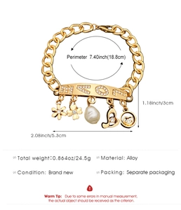 Detailed specs of gold alloy MOM bracelet with crystal charms and pearl pendants