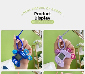 Mini retro handheld game console keychain with colorful buttons and wrist strap