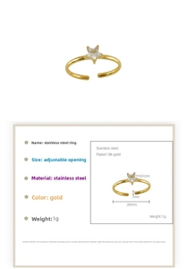 Detail of 18K gold-plated stainless steel star ring with zircon stone and measurements