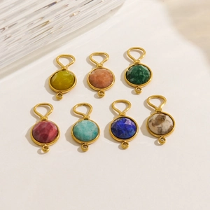 14K gold plated stainless steel natural stone circular double-hole charms for DIY jewelry