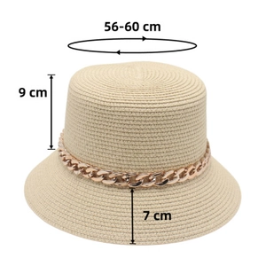 Straw fisherman hat sizing guide showing 56-60cm circumference and gold chain detail