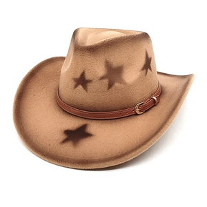 Chapeau de cowboy western en feutre marron avec motifs d'étoiles et bandeau en cuir doré