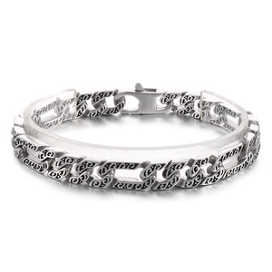Flat Cuban link chain bracelet in stainless steel with vintage engraved patterns