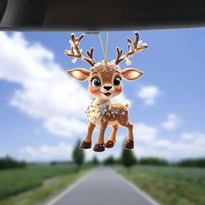 Acrylic elk Christmas car mirror pendant with festive lights hanging on rearview mirror