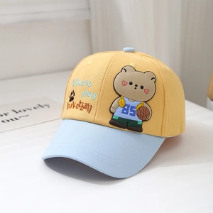 Side view of yellow and blue kids baseball cap with 3D cartoon bear and embroidery