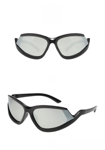 Front and side view of streamlined black sports sunglasses with silver mercury lenses