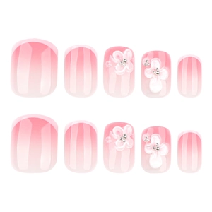 Short square press-on nails with 3D white flowers and pink blush gradient design