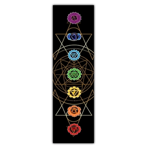 Macro detail of Seven Chakras and Sacred Geometry print on black vertical wall hanging