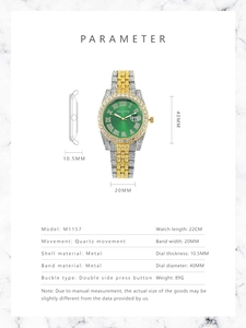 Detailed size chart for the rhinestone watch featuring a 40mm green dial and metal band