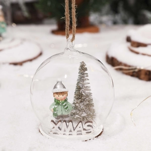 LED light-up Christmas glass ball ornament with boy doll and mini tree inside