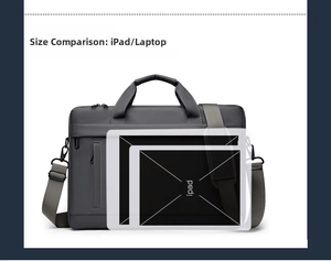 Detail of grey laptop briefcase with thick handle and adjustable strap showing size comparison