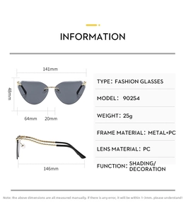 Size information and technical specifications for cat-eye sunglasses with metal temples