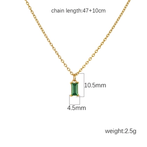 Gold chain necklace featuring a rectangular green zircon pendant with product dimensions