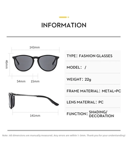 Size chart for round frame metal sunglasses showing dimensions 143mm width and 141mm temple