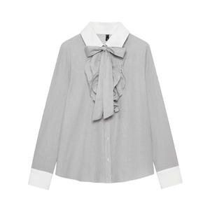 Women Striped Long Sleeve Blouse Polyester Contrast Collar Bow Tie Ruffle Trim Elegant Fashion Shirt