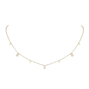 Detailed close-up of a gold titanium necklace featuring seven geometric zircon pendants