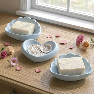 Light blue heart and cloud ceramic jewelry dish set for home organization and decor