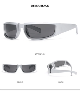 Detailed views of silver and black cycling sunglasses with aerodynamic wrap design