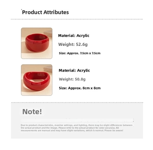 Detailed technical specifications for red acrylic irregular round bangles with dimensions
