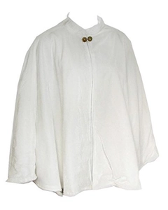 Detailed view of white velvet capelet with decorative gold button fasteners and collar